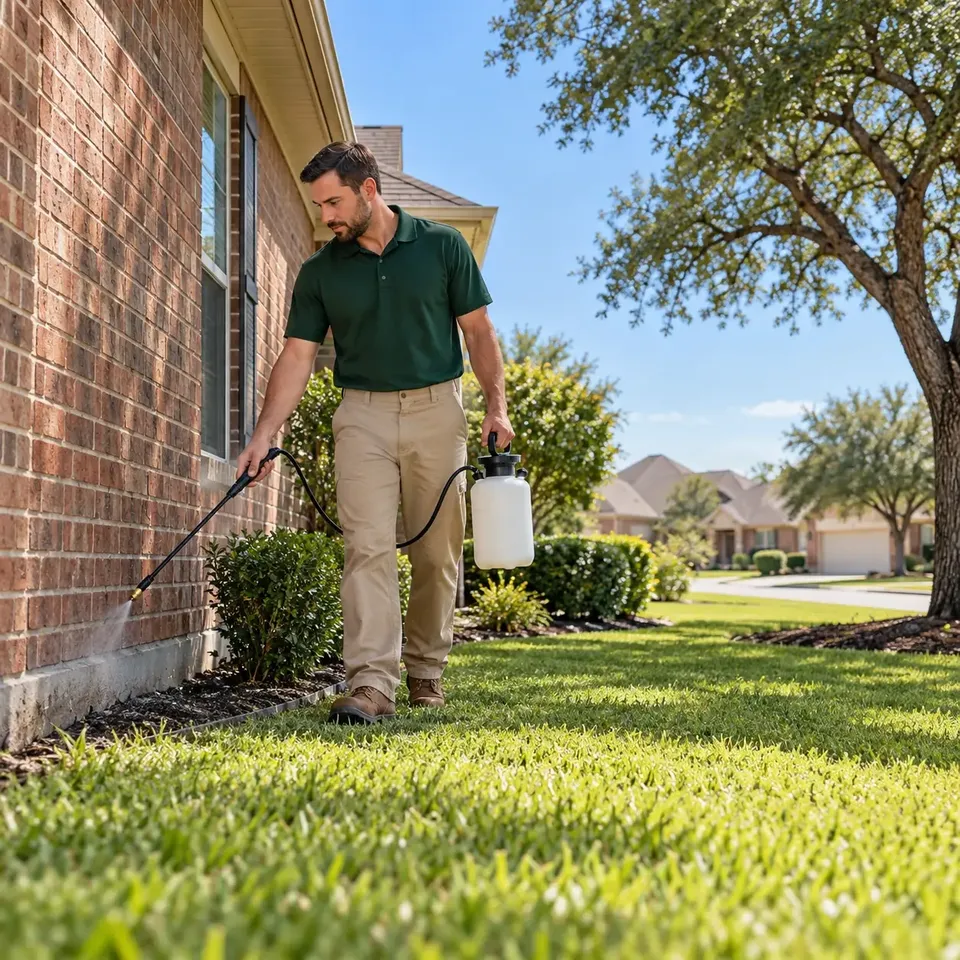 Pest control technician spraying a perimeter treatment along the foundation of a brick home in a Rosenberg, TX neighborhood